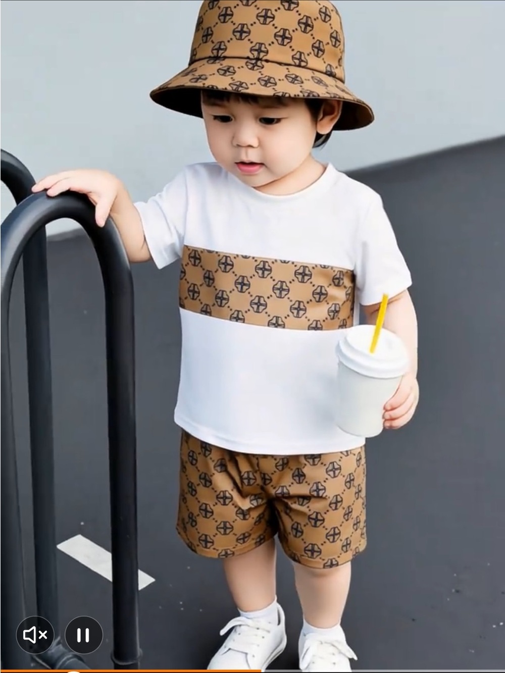 Kids Two-Piece Matching Set with Tan Logo Print — White & Tan